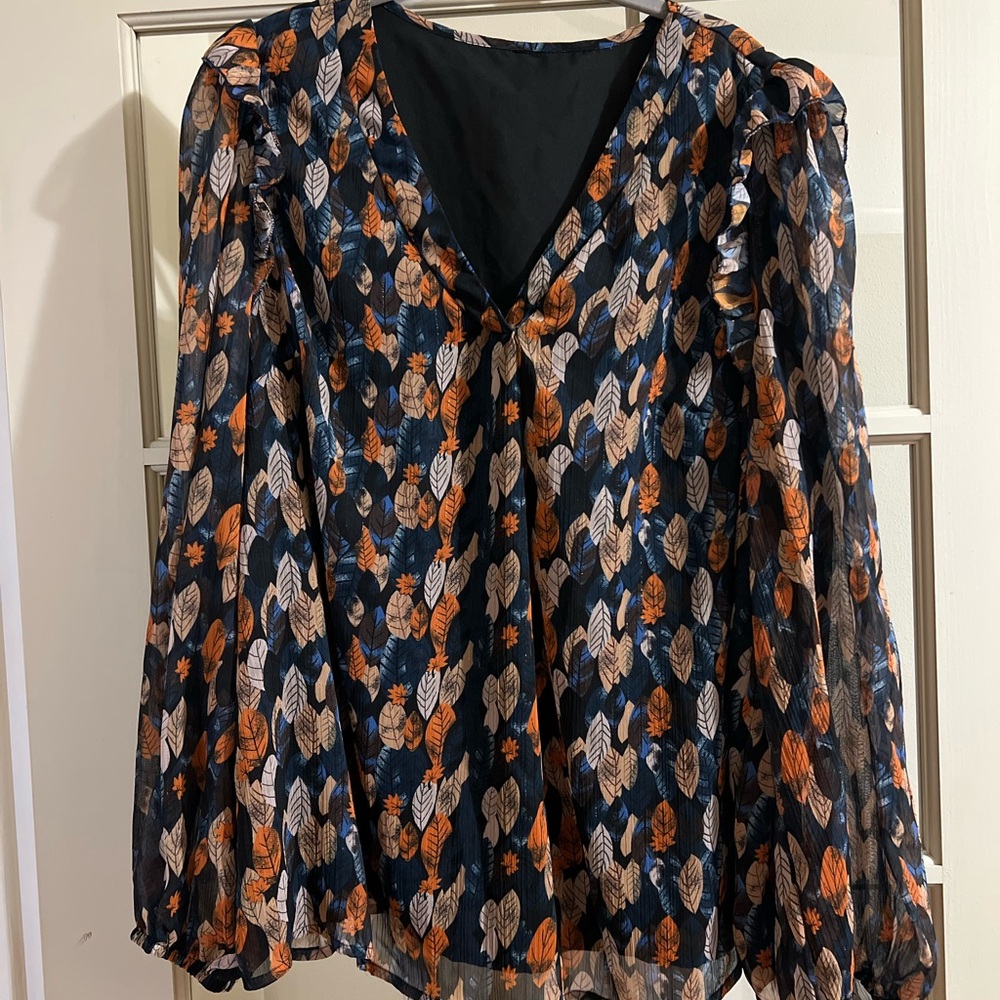Elegant Leaf Print Blouse - Black and Orange
